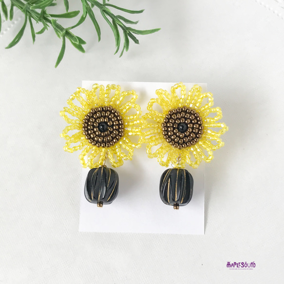 ビーズ刺繍 イヤリング ひまわり イヤリング・ノンホールピアス