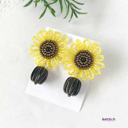 ビーズ刺繍 イヤリング ひまわり イヤリング・ノンホールピアス