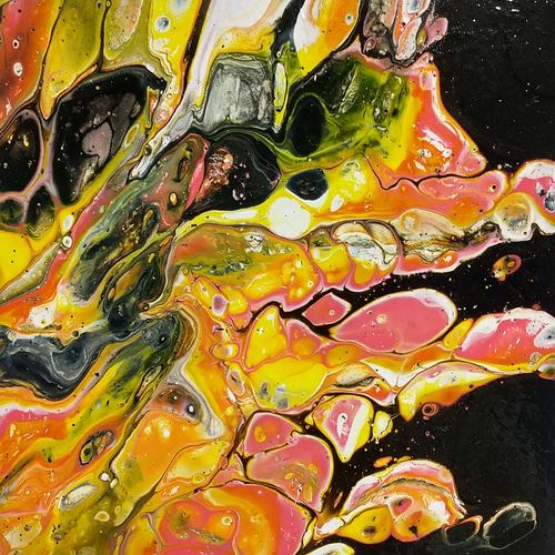 原画 黒 ピンク イエロー ポーリングアート フルイドアート 抽象