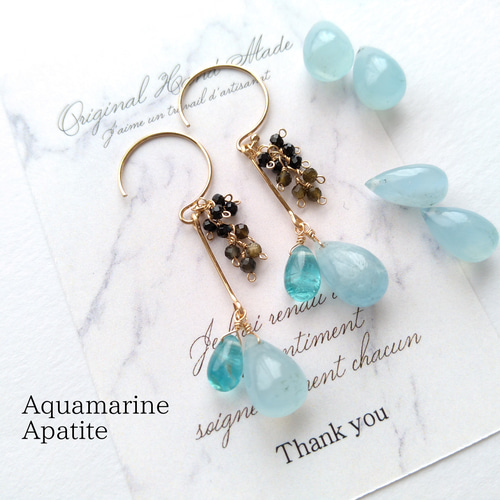 14kgf氷と雫のピアス＊アクアマリンレインボームーンストーン