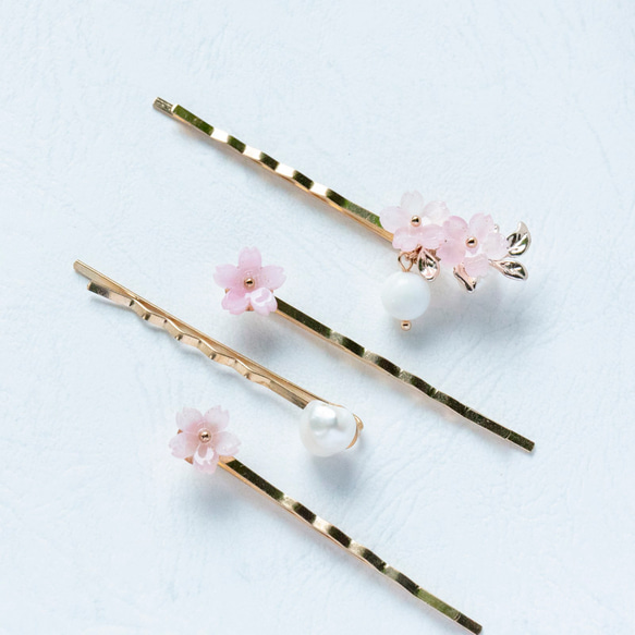 色が変わる 一粒桜とパール 飾りヘアピン4点セット ヘアアクセサリー