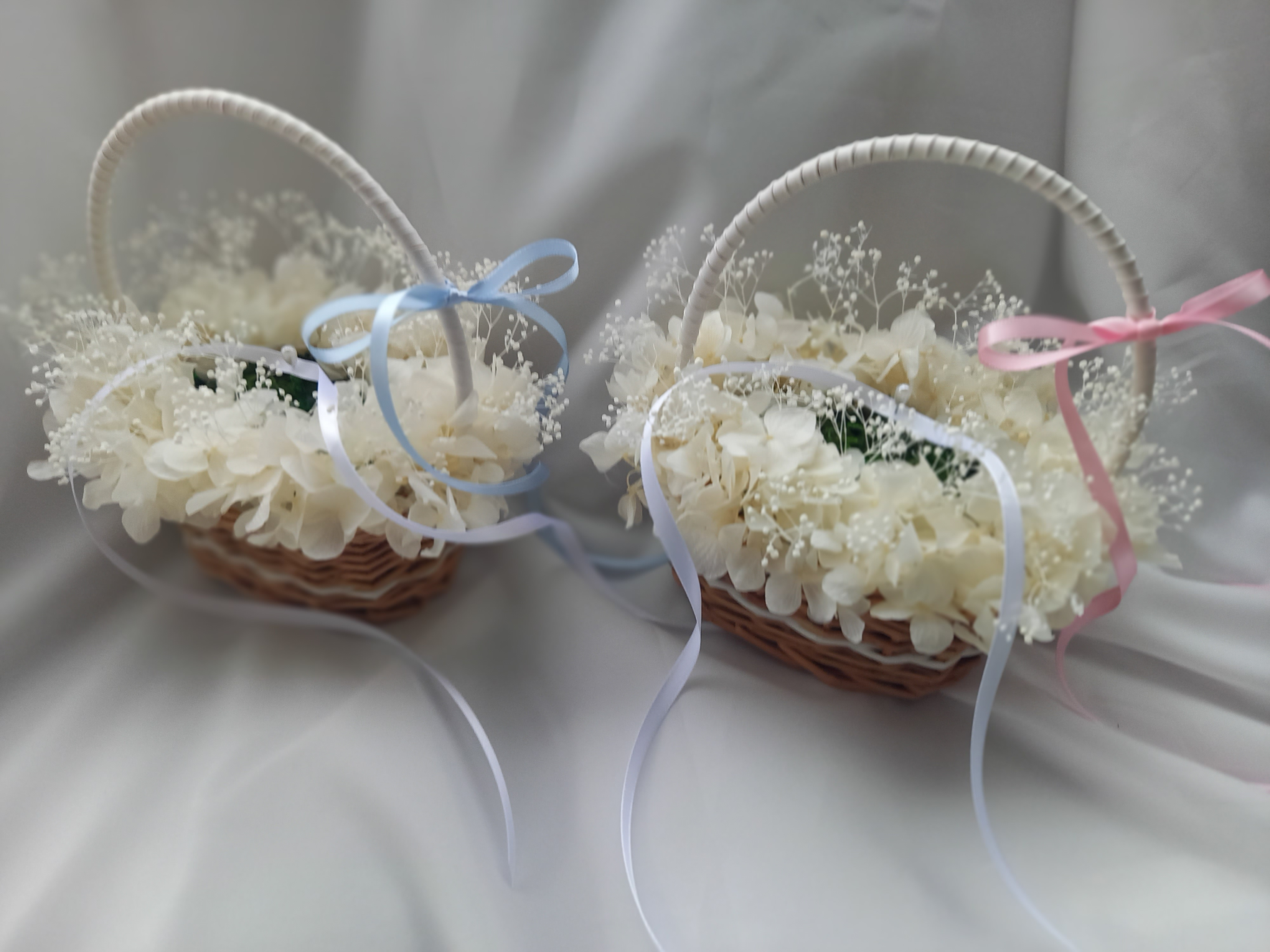 2個セット、ふんわり紫陽白、りングピローかご、リングピローカゴ。紫陽花プリサーブド。
