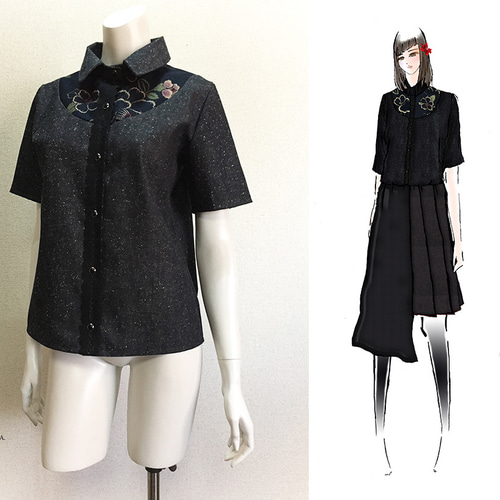 1点もの・デザイン画付き】岡山産デニム＆和柄切り替えブラウス