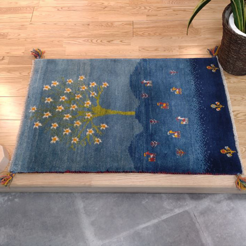 新規入荷】ペルシャ ギャッベ 玄関マット 95×62cm 青 藍色 生命