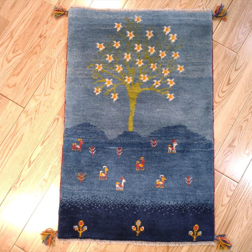 新規入荷】ペルシャ ギャッベ 玄関マット 95×62cm 青 藍色 生命
