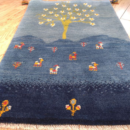 新規入荷】ペルシャ ギャッベ 玄関マット 95×62cm 青 藍色 生命