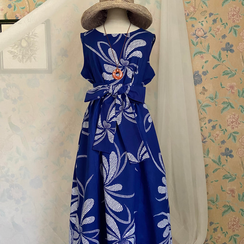 2000円OFF SALE 藍色 浴衣 Aライン 楽ちんワンピース&リボンベルト 