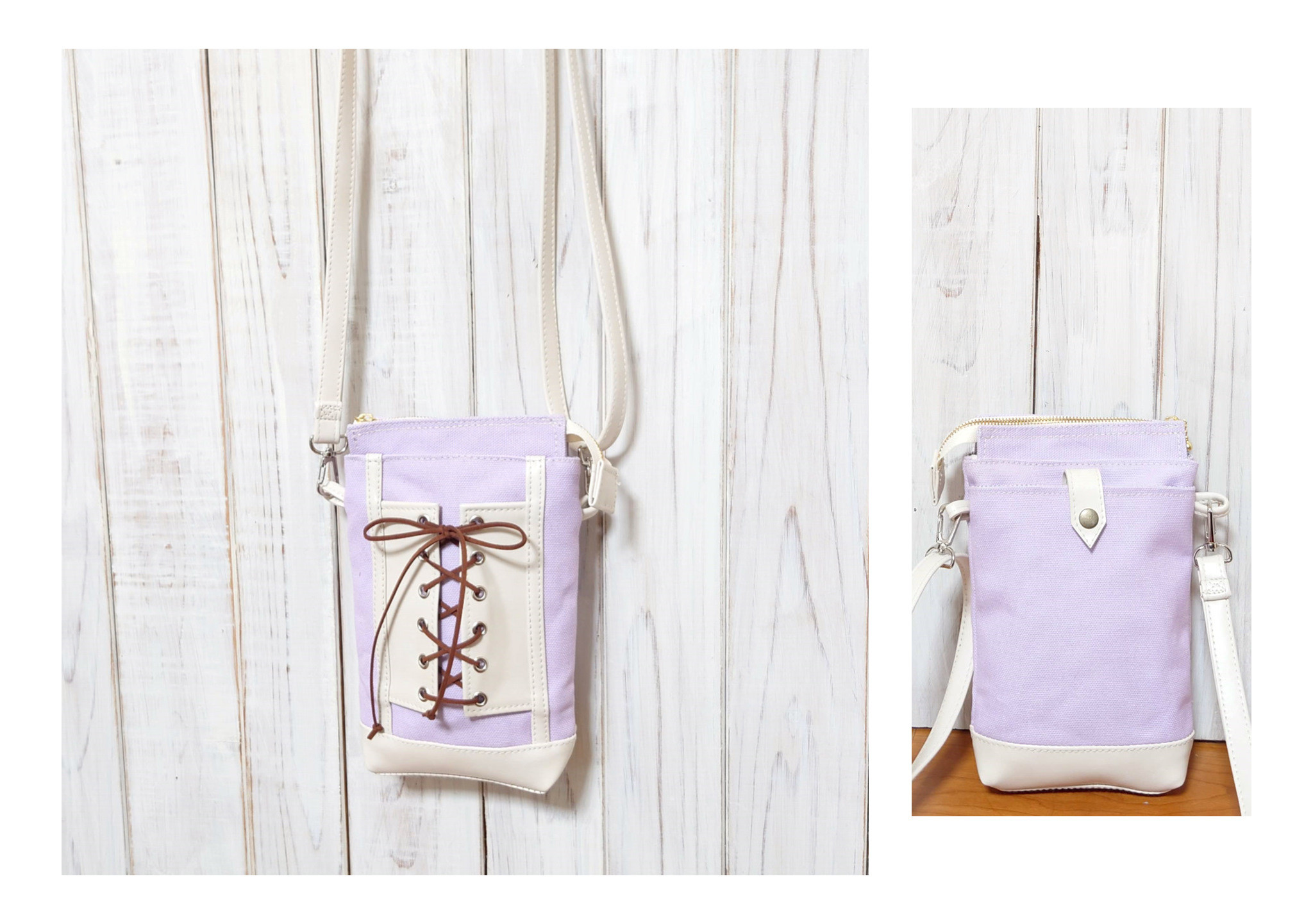 色の変更可能　送料無料　ラベンダー帆布と白合皮の編み上げ風スマホポシェット/スマホショルダー/サコッシュ