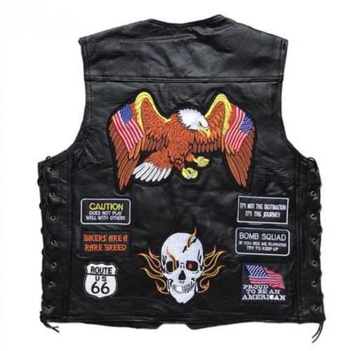 レザーベスト ベスト 羊革 シープスキン 機関車 刺繍 バイク