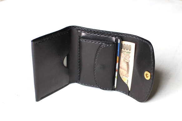 【受注生産品】小さい三つ折り財布 ～栃木ヌメブラック オールブラック～ 4枚目の画像