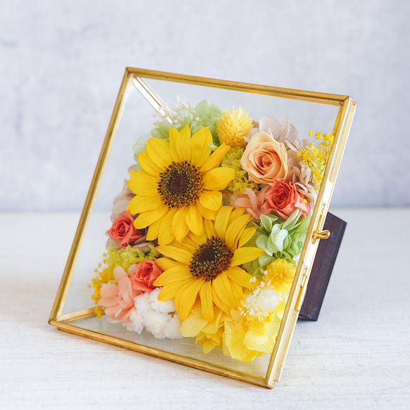 【完成品】プリザーブドフラワー・ひまわりコフレBK / 誕生日　送別品　記念品　開業祝い　結婚祝い 2枚目の画像