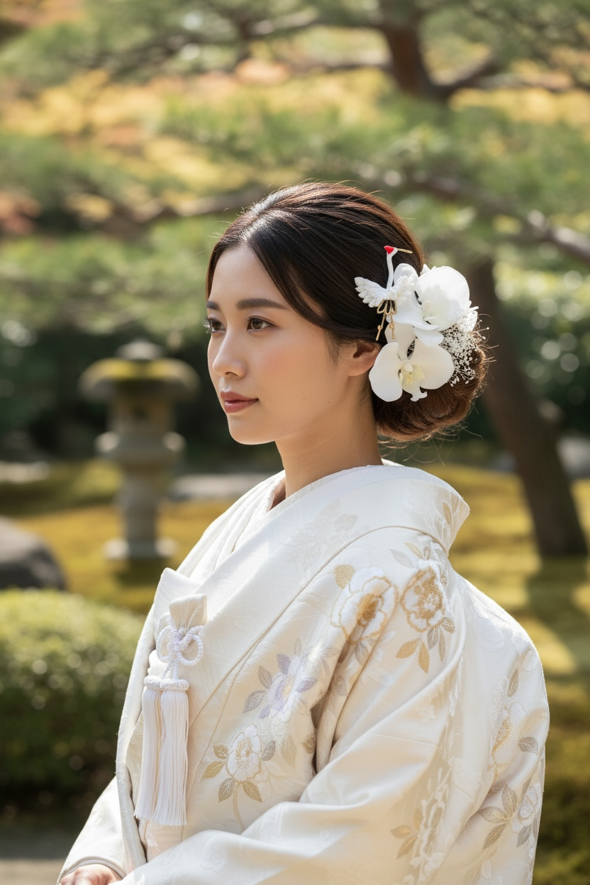 ウェディング　結婚式　色無垢　胡蝶蘭　鶴　卒業式　水引　振袖　和装　水引　白　髪飾り