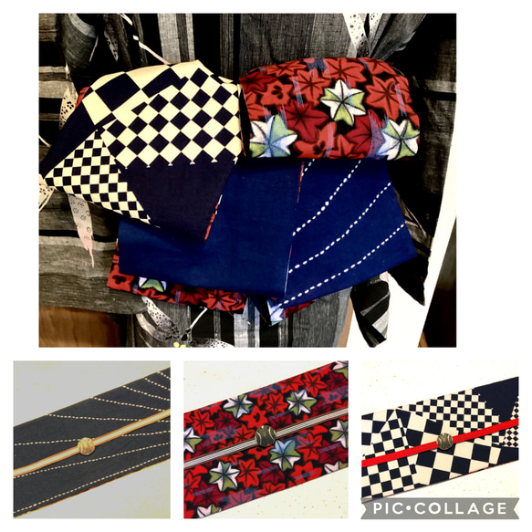 半幅帯☆クリスマス☆ハンドメイド☆綿 3通り楽しめる】新品 綿 半幅帯 (刺し子 ニコニコ絣) 長尺425cm