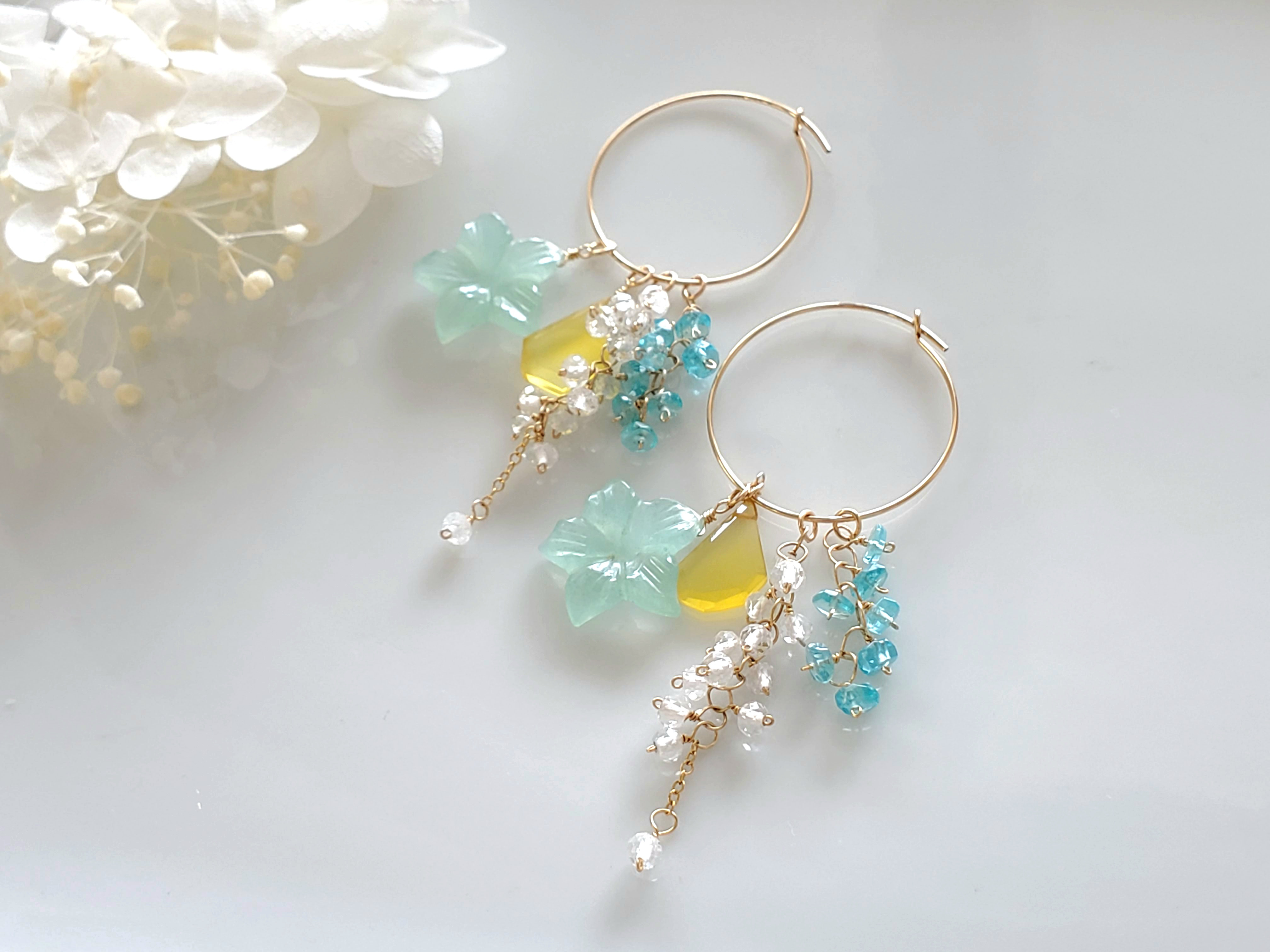 天然石　ミントグリーンクォーツァイトのK14gf着せ替えフープピアス