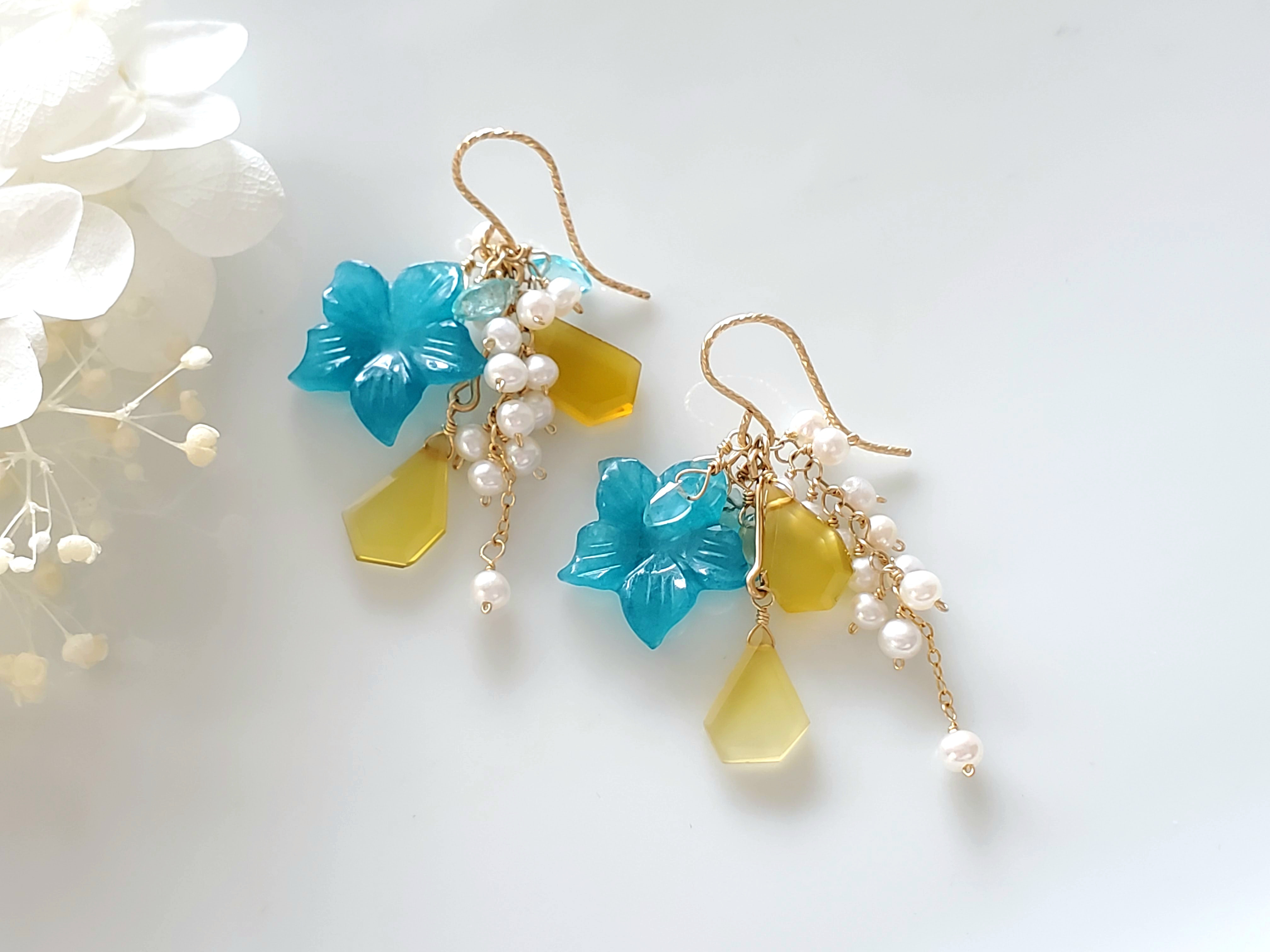 天然石　ティールブルークォーツァイトのK14gfピアス／イヤリング