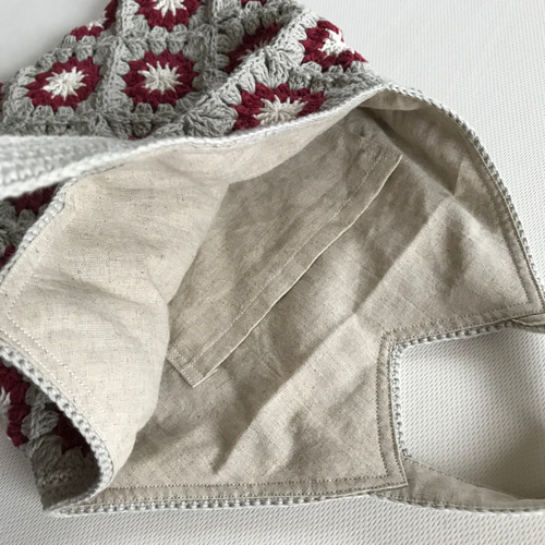 A4サイズ モチーフ編みのトートバッグ 内ポケット 内布 裏布 かぎ針