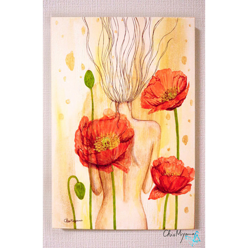 原画 芥子の煌めき 赤いケシ アクリル画 F4 絵画 Chie Miyama