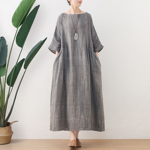 刺繍が素敵なウォッシュリネンのワンピース グレー ワンピース