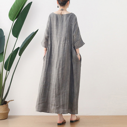 刺繍が素敵なウォッシュリネンのワンピース グレー ワンピース