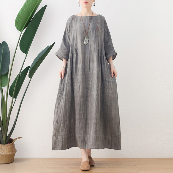 刺繍が素敵なウォッシュリネンのワンピース グレー ワンピース