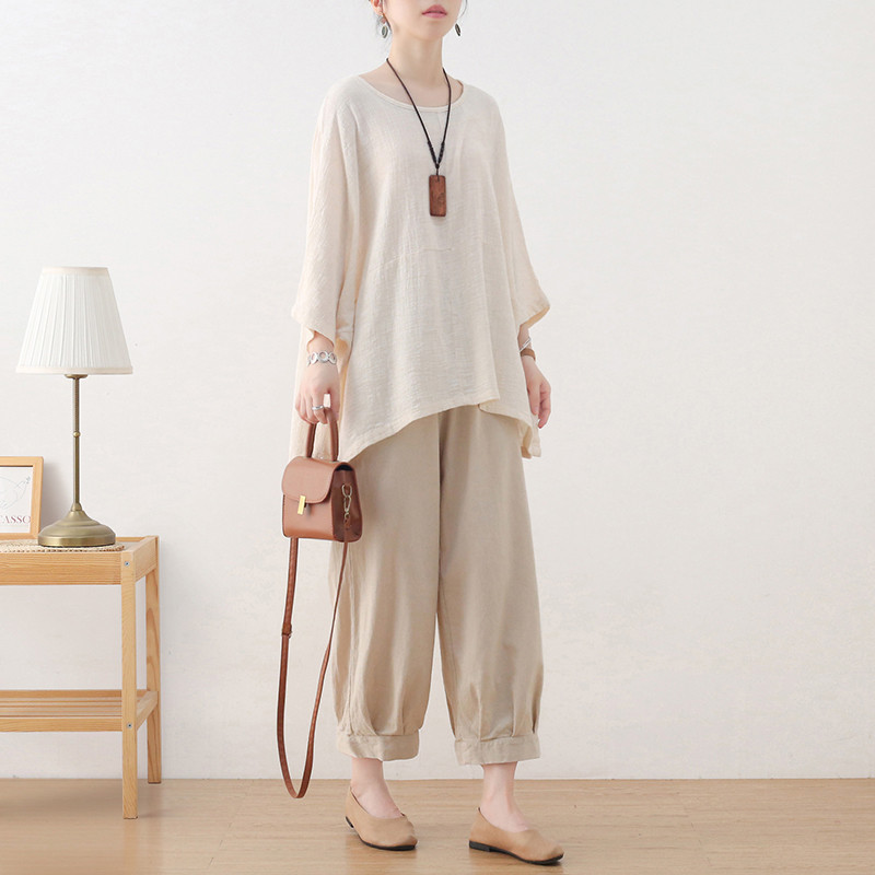 切り替えデザイン ソフトな風合いのコットンリネンプルオーバー ベージュ