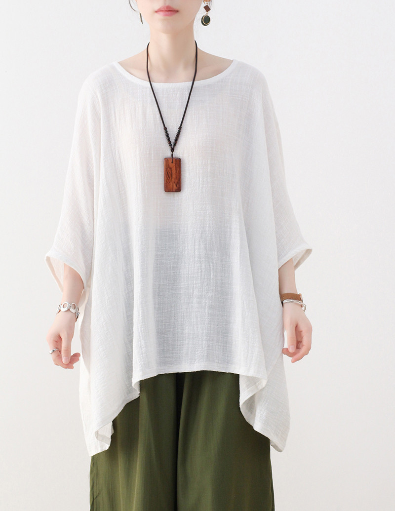 【即納】ソフトなコットンリネンガーゼのプルオーバー ホワイト