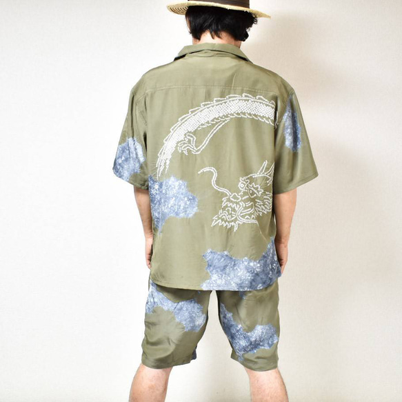 Acote 半袖 アロハシャツ ショートパンツ セットアップ 着物リメイク ドラゴン 龍 絞り カーキ 1枚目の画像