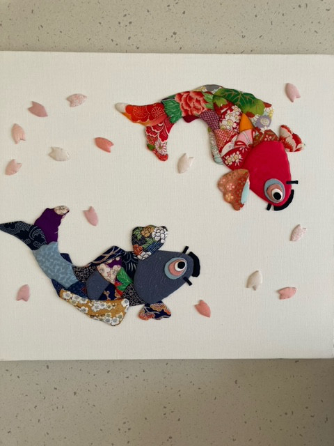 押し花アート紫と赤の鯉の滝のぼりサイズ縦68cm×横38cm