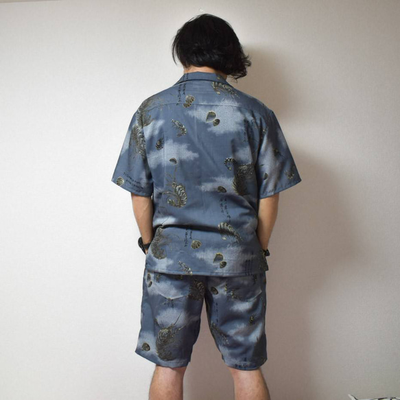 Acote 半袖 アロハシャツ ショートパンツ セットアップ 着物リメイク えび柄 伊勢海老 貝殻 大柄 2枚目の画像