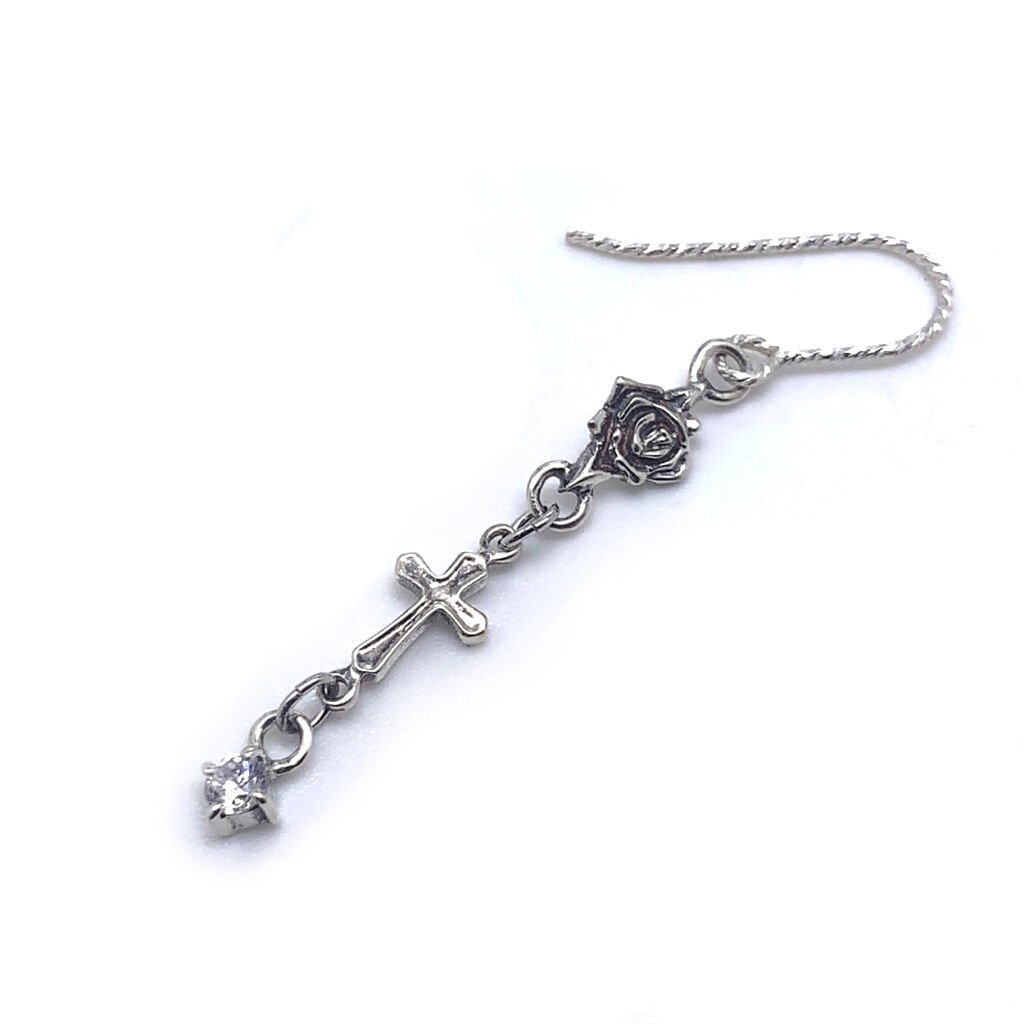薔薇 ドロップピアス 十字架/クリア シルバー925/片耳用 セカンドピアス/ゴシック パンクロック/ヴィジュアル系