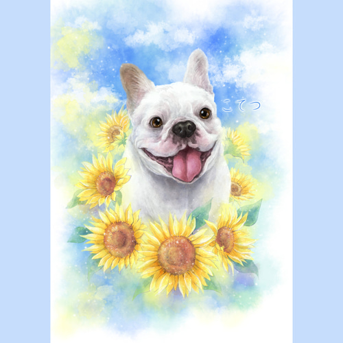 秋田犬日本犬夏ひまわり日本画原画絵画水干絵具