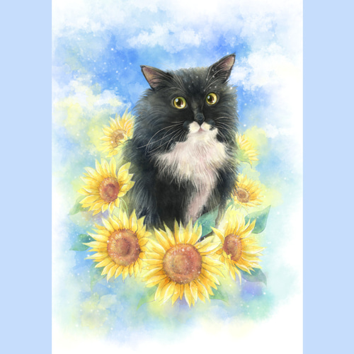 うちの子アート☆夏のひまわりリース (デジタル水彩 犬 猫 手元供養 