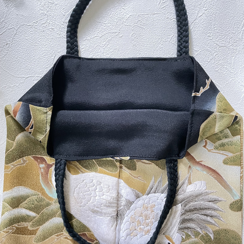 慶弔 リバーシブル 着物リメイク 鶴と松竹 トートバッグ 黒留袖