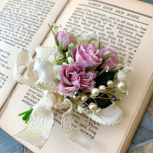 ラッピング付き♡可愛い花束みたい！くすみピンクの薔薇とかすみそうの
