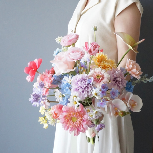 ウェディングブーケ　造花ブーケ　アーティフィシャルフラワー　カラフル　インテリア ブーケ アーティフィシャルフラワー パステルカラーウェディングブーケ