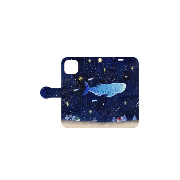 【iPhone・Android対応】ジンベイザメが泳ぐ夜【手帳型スマホケース・手描き風】 5枚目の画像