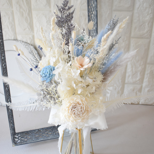 ドライフラワー ブーケ～パームフラワーのブルーブーケ＆ブートニア～ウェディング ドライフラワー ブーケ～パームフラワーのブルーブーケ