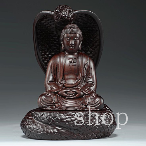 MD152黒檀実木/大日如来 蛇護仏陀/木質彫刻/彫刻工芸品/手芸品/精緻