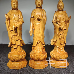 阿弥陀如来三尊立像 一式 崖柏の手彫り 仏教美術品 貴重古美術 新作