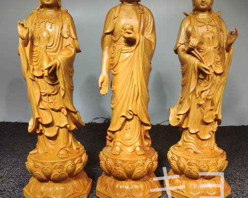 阿弥陀如来三尊立像 一式 崖柏の手彫り 仏教美術品 貴重古美術 新作