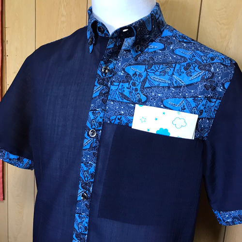 手作りのポリエステル反物メンズかりゆしウェアLサイズ紺の縞柄