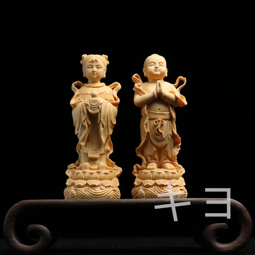 2点同出 童男童女 彫刻 美術工芸品 精密細工 実木彫刻 彫刻 キヨ 通販