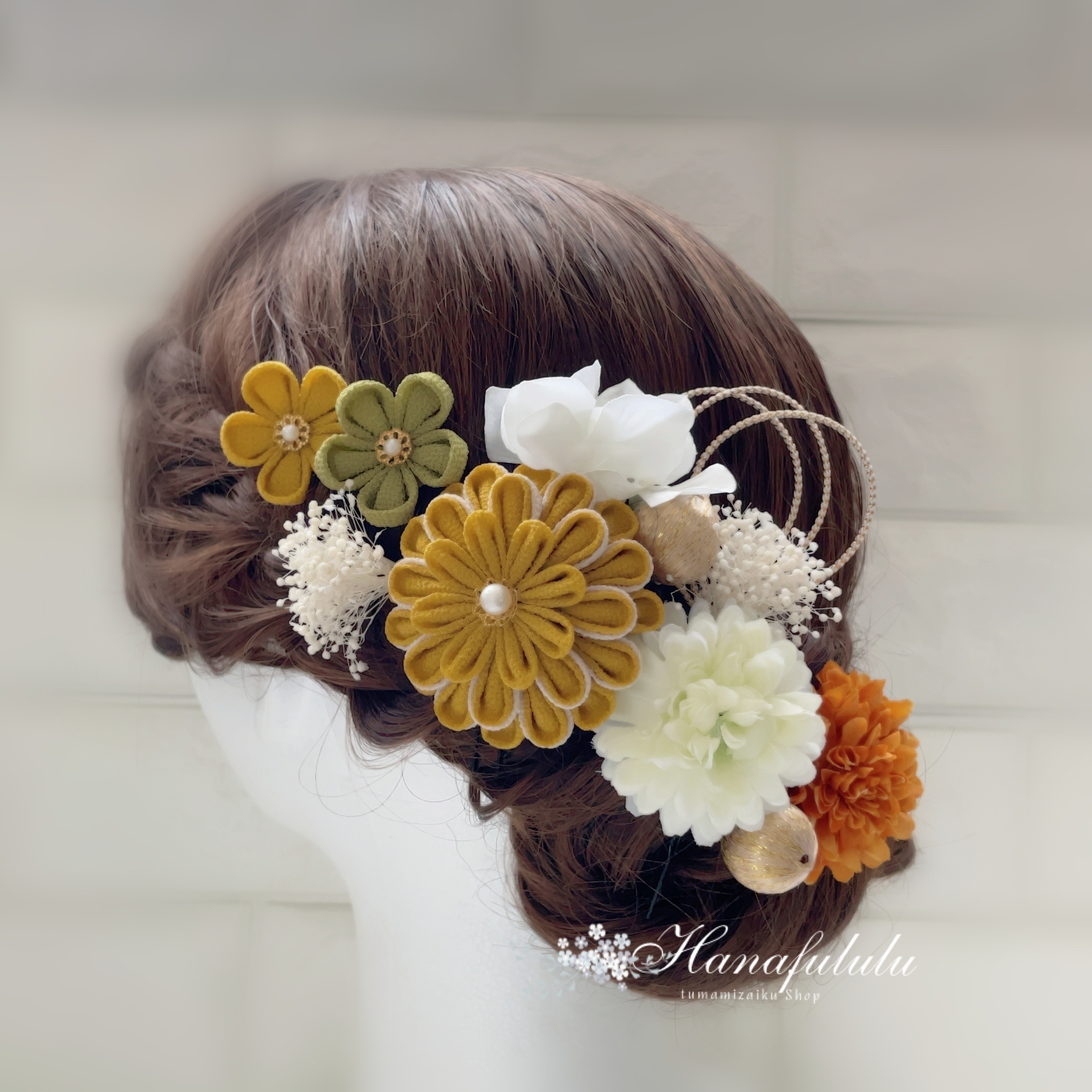 からし＊華マム＊かすみ草❁振袖髪飾り【和 つまみ細工】結婚式・成人式・卒業式