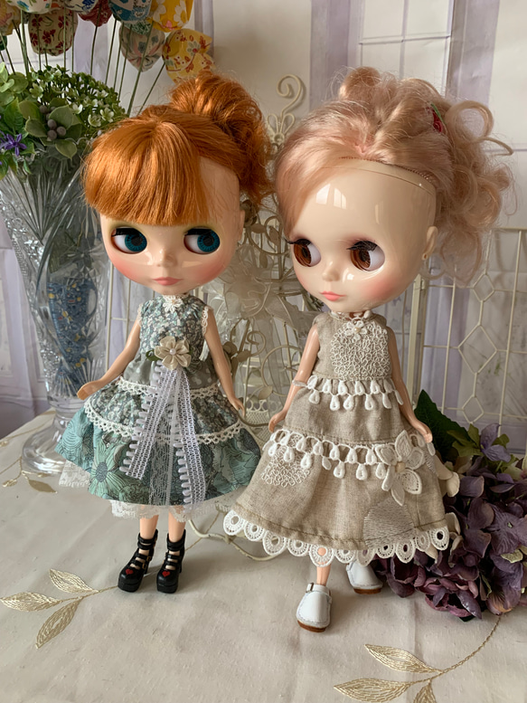 リネン エプロンワンピースとリバティ生地使用ブラウスリカちゃんブライス