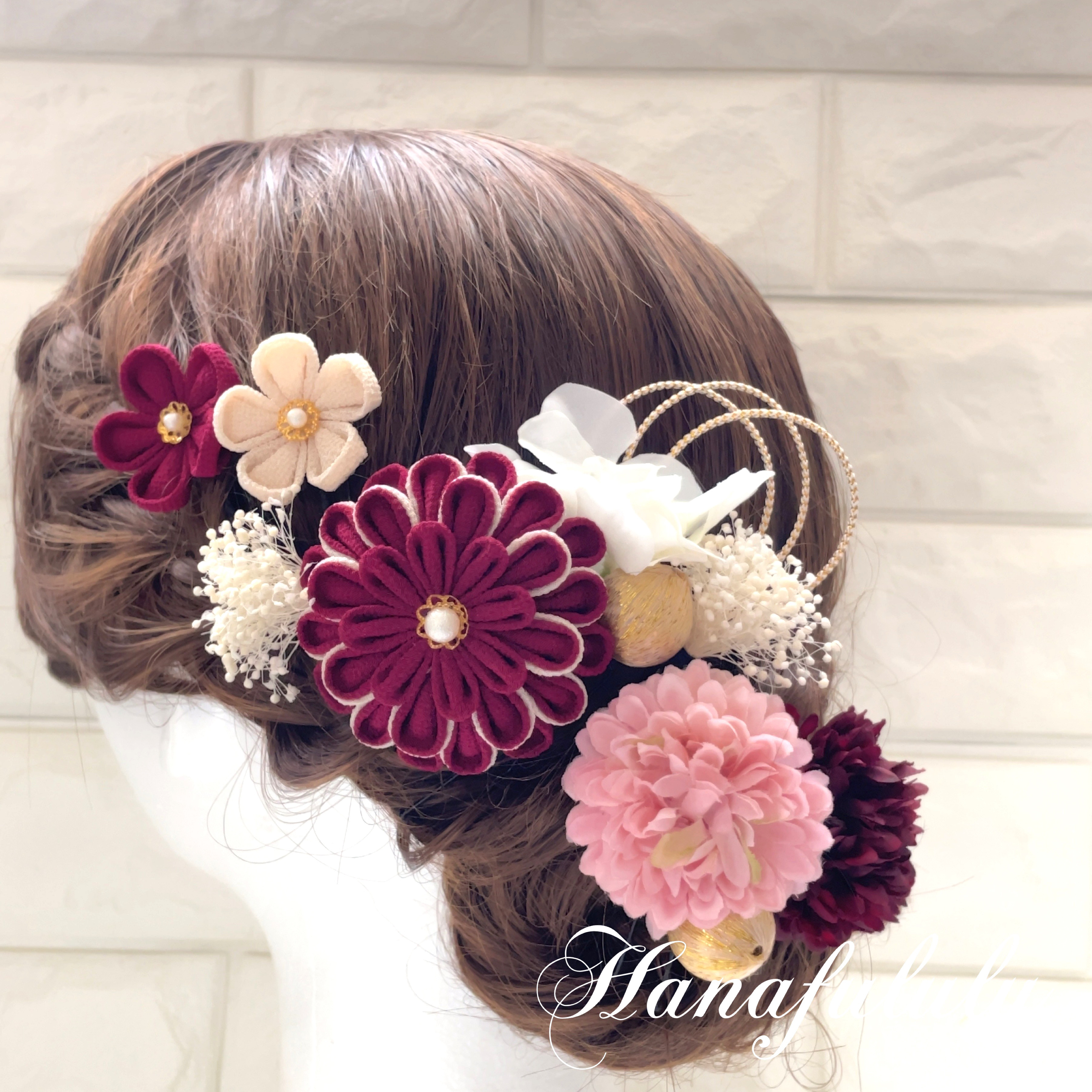 ぼたん＊華マム＊かすみ草❁振袖髪飾り【和 つまみ細工】結婚式・成人式・卒業式