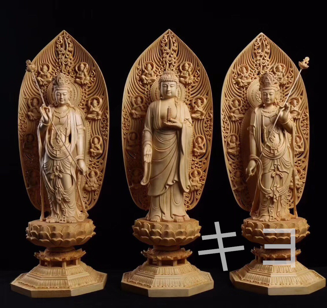仏師で仕上げ品 東方三聖 精密彫刻 木工細工 精密細工 彫刻 キヨ 通販 
