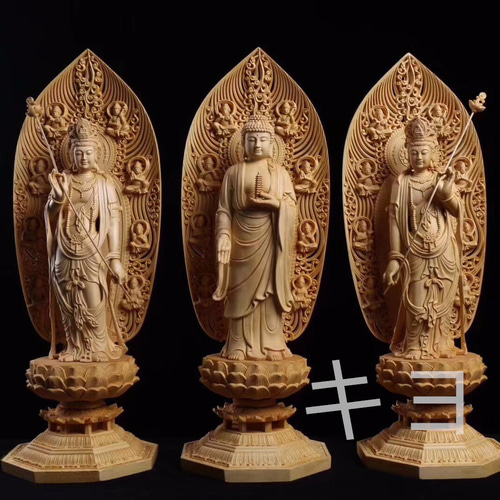 仏師で仕上げ品 東方三聖 精密彫刻 木工細工 精密細工 彫刻 キヨ 通販 