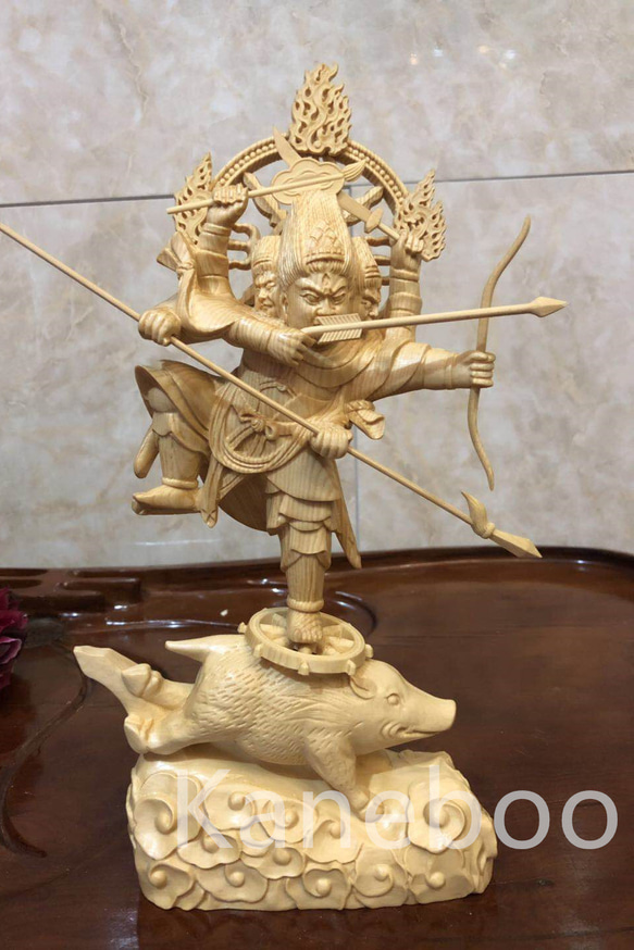 最高級 木彫り 仏像 摩利支天立像 一刀彫 天然木檜材 彫刻 仏教