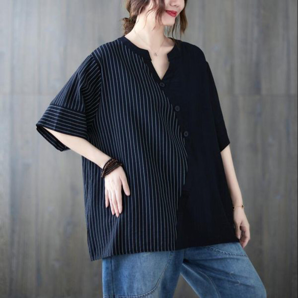 BORDERS 半袖チュニック 38 夏新品 カジュアルVネック ボーダー柄チュニック 半袖 レディース夏