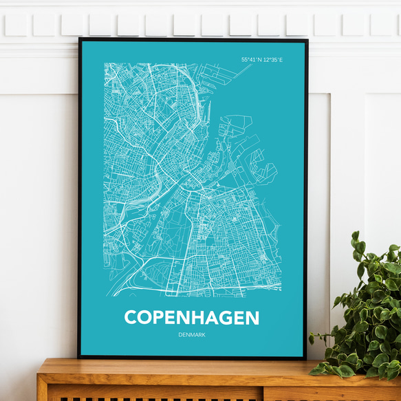アートポスター MAP コペンハーゲン デンマーク ブルー L判 ハガキ 2L判 A4 A3 B3 A2 B2 アート 2枚目の画像